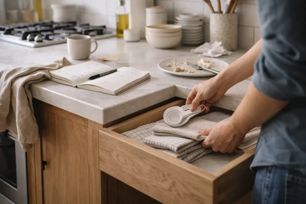organizing kitchen drawer during a quick 10 minute cleaning routine to keep the home tidy