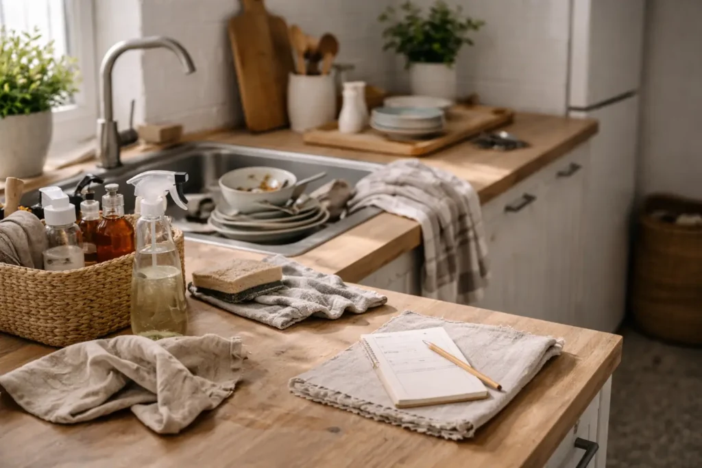 kitchen counter with cleaning supplies and dishes showing a cleaning routine not working properly