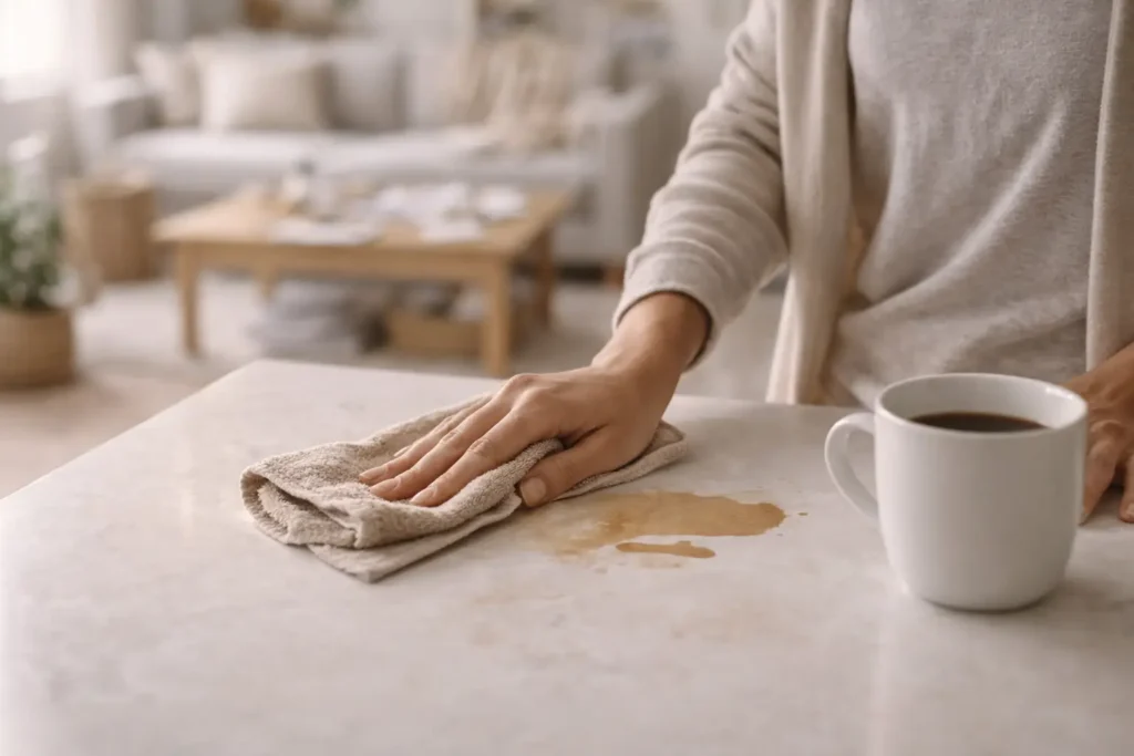 wiping kitchen surface during daily maintenance showing difference between cleaning and maintaining a home