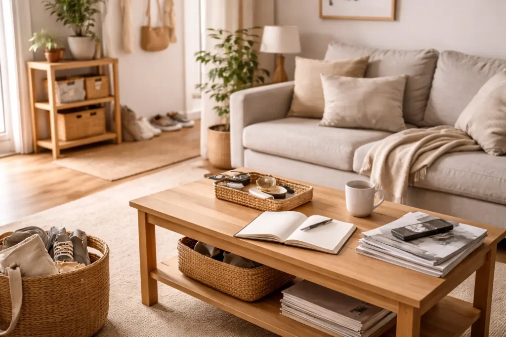 organized living room with functional layout showing a structured system that maintains order