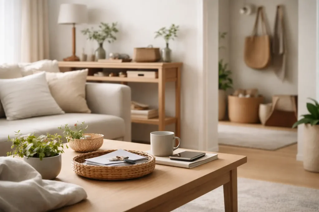 organized living room with simple daily habits that help keep the house clean and prevent clutter