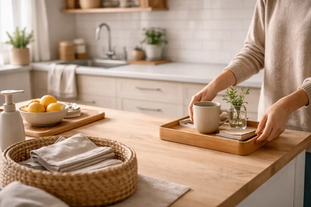 person resetting kitchen surface showing a daily reset guide home system in action