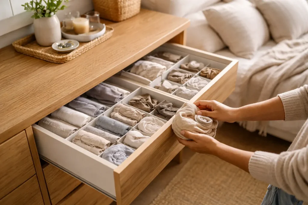 person folding and organizing clothes in a drawer using a daily reset method system