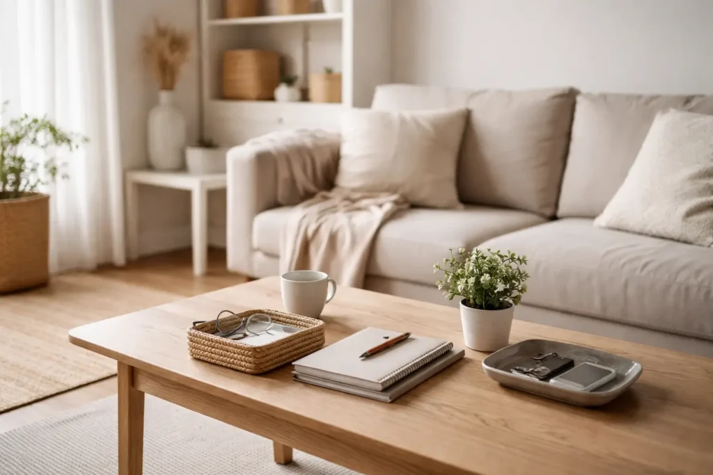 organized living room with simple daily reset routine setup maintaining order and reducing clutter