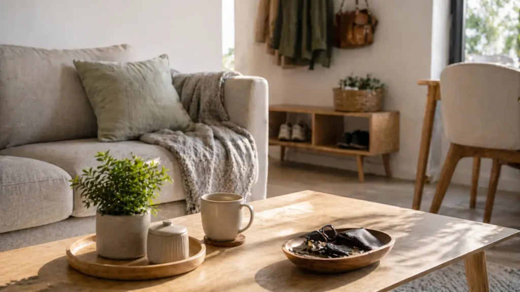 organized living room showing a daily reset system for busy people with simple everyday items in place