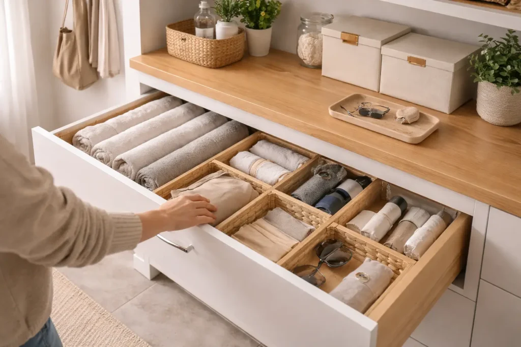home organization system with structured drawer storage and organized everyday items