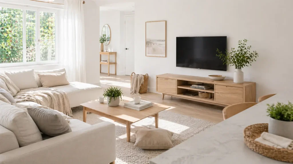 bright and organized living room with minimal clutter showing how to keep your house clean daily