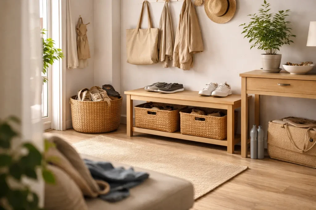 organized entryway with functional storage system designed to keep the home clean with minimal effort