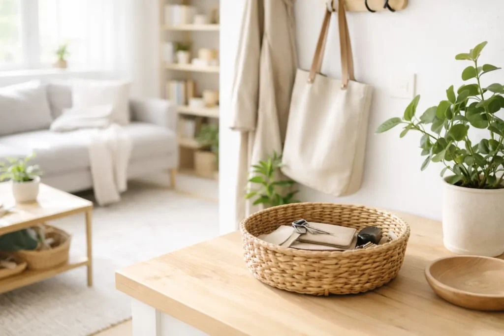 organized entryway with daily items in a basket showing a simple system to keep home clean without overwhelm