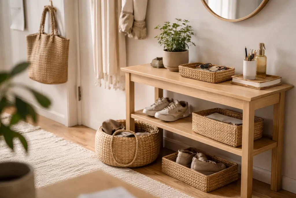organized entryway showing how to keep home organized without cleaning using a simple daily system