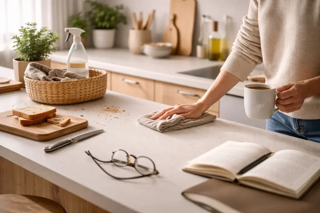 maintaining a clean home daily with a simple kitchen reset routine and light cleaning