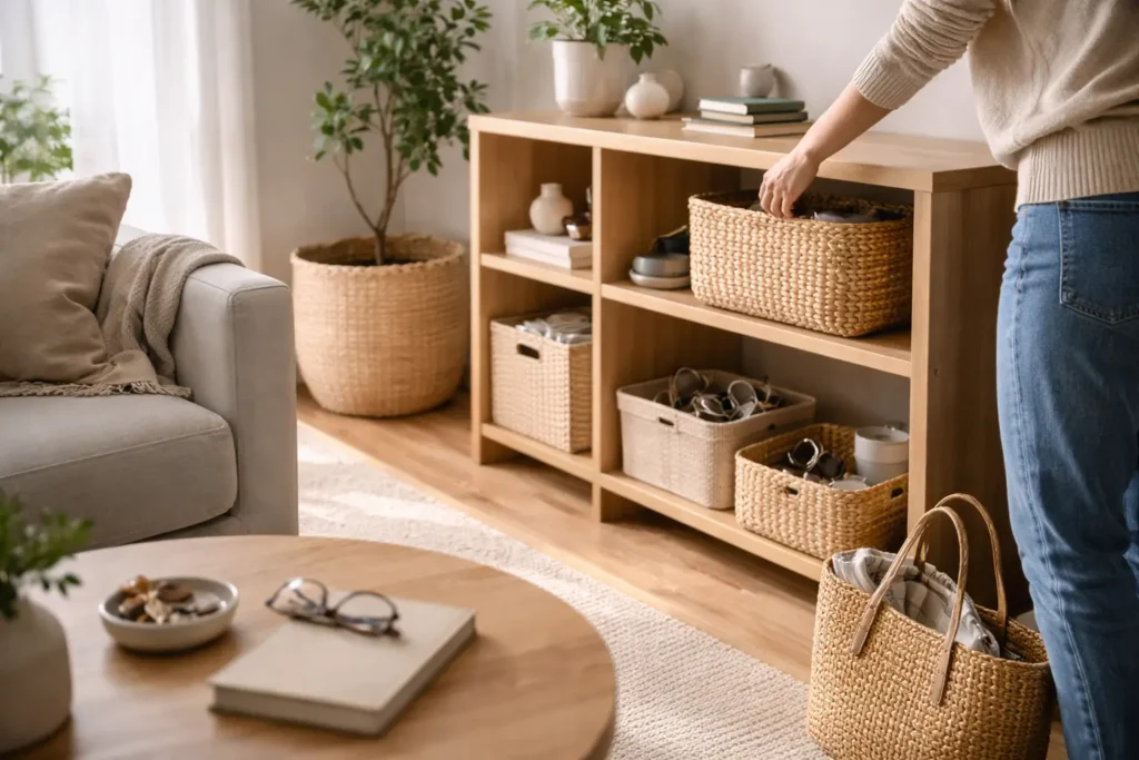 organized living room with simple daily habits to maintain a clean home without stress