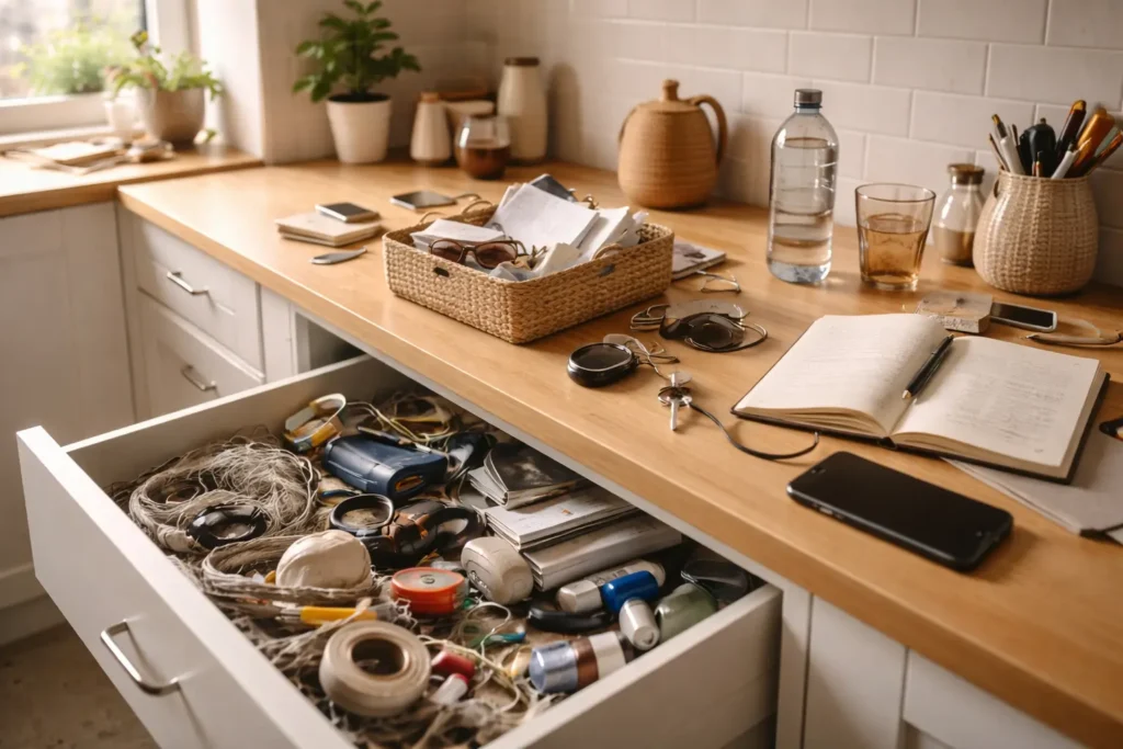 cluttered drawer and disorganized kitchen surface showing lack of home organization system