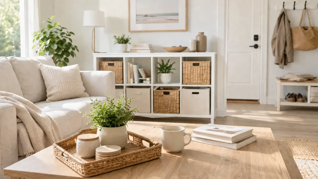 bright organized living room with natural light showing a simple and calm home reset without overwhelm