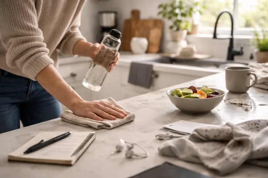 person quickly wiping kitchen counter during a daily reset routine with light clutter visible