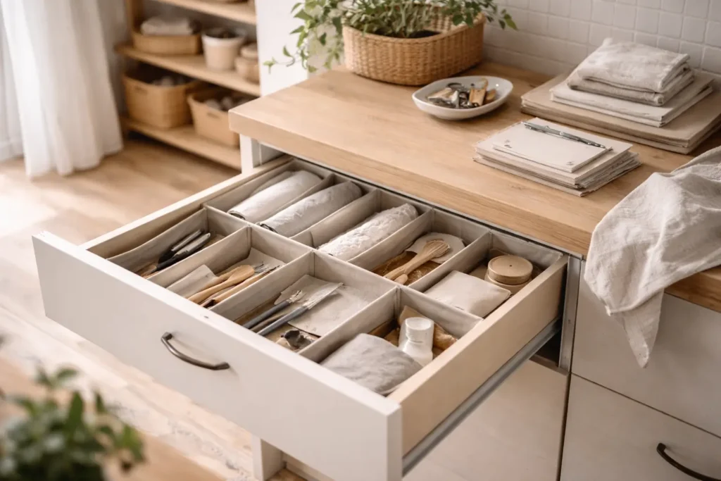 organized drawer with compartments showing a simple home system for maintaining order