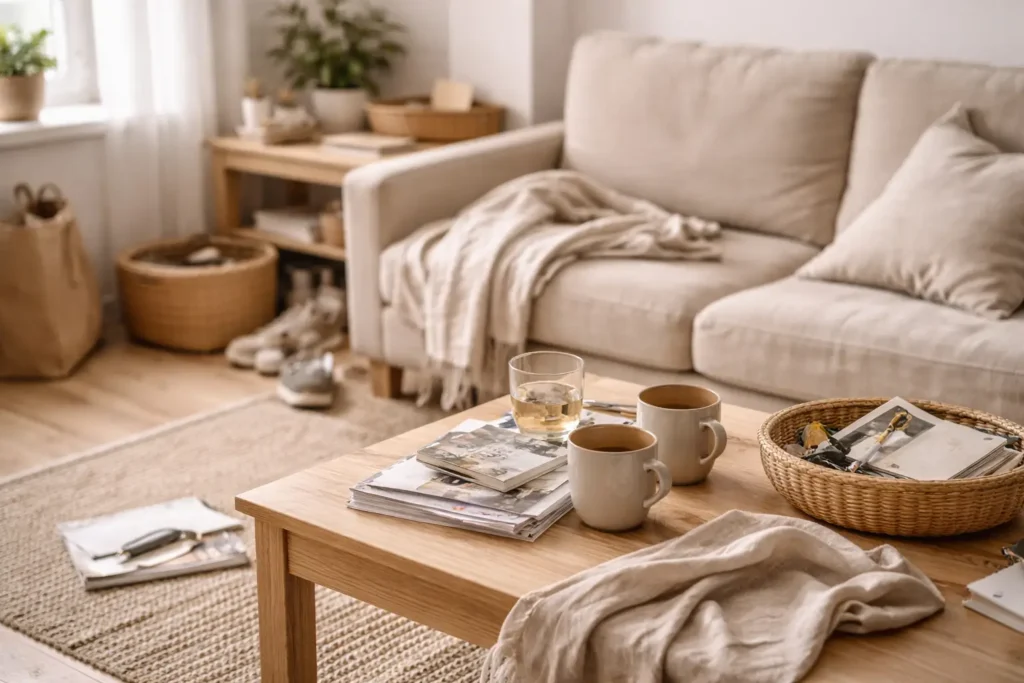 small everyday clutter in a living room showing how small mess becomes a bigger problem at home
