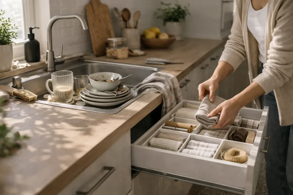person organizing kitchen drawer while dishes remain in sink showing how to stop cleaning the same mess everyday
