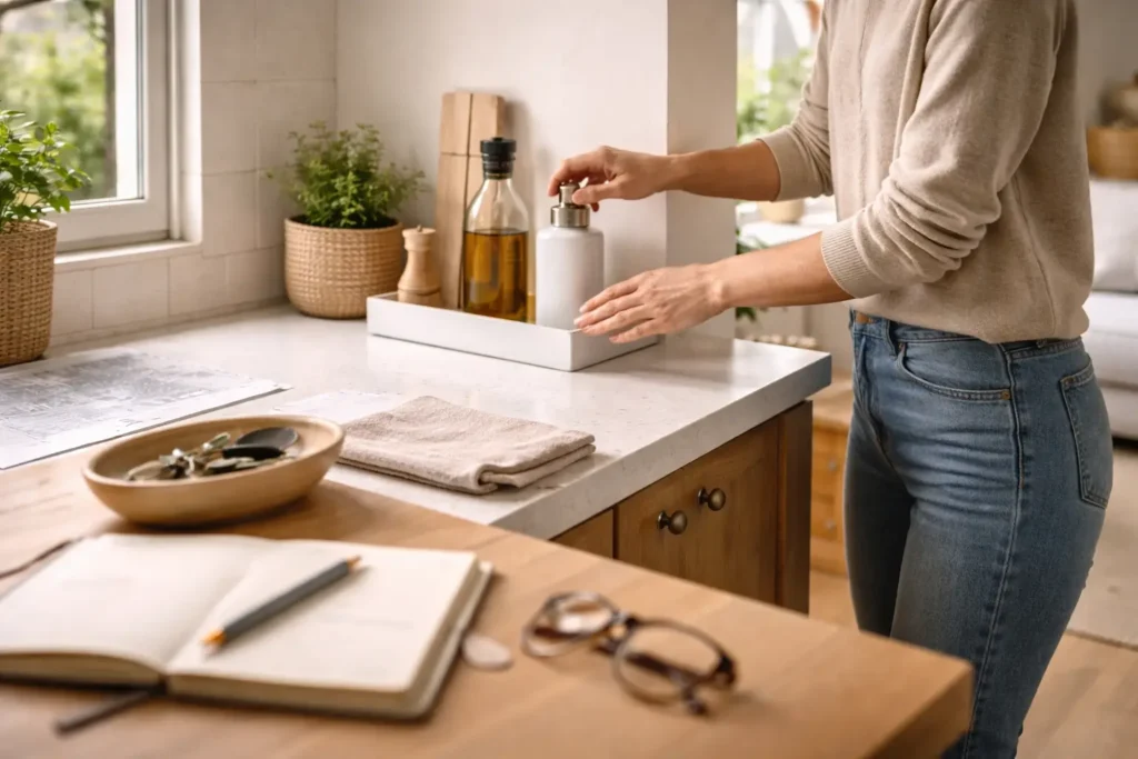 person returning items to place in kitchen demonstrating a system to keep house clean daily