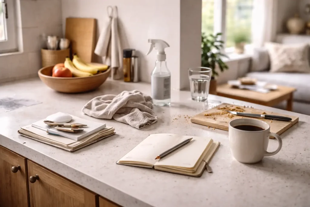 kitchen counter with light clutter and crumbs showing how cleaning feels endless due to repeated daily mess