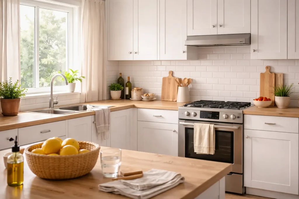 organized kitchen with functional layout showing a system that keeps the space clean and maintained