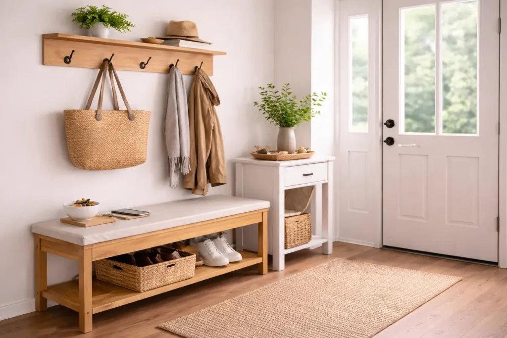 organized entryway with functional storage system reducing repeated clutter and cleaning