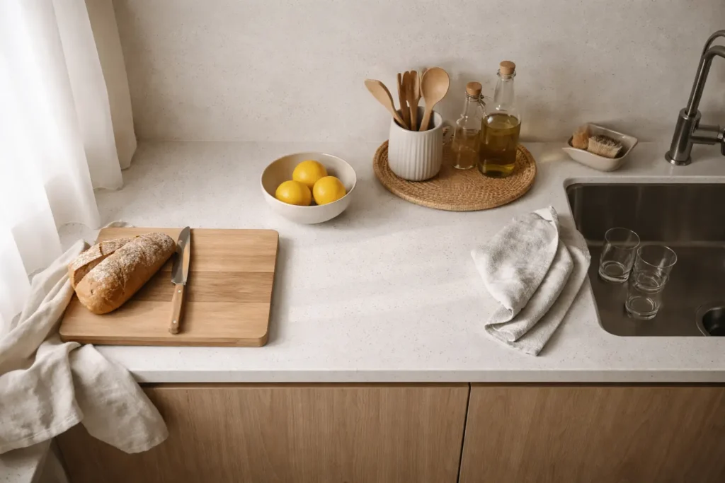 minimalist kitchen counter with organized everyday items in a functional home system setup