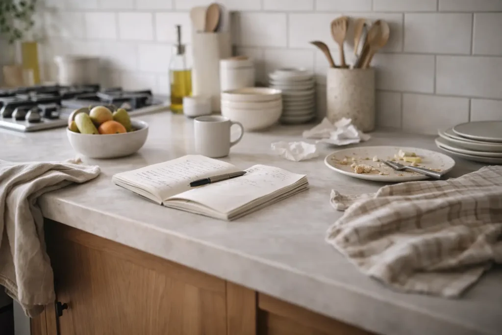 kitchen counter with everyday items showing how mess builds up again during daily use
