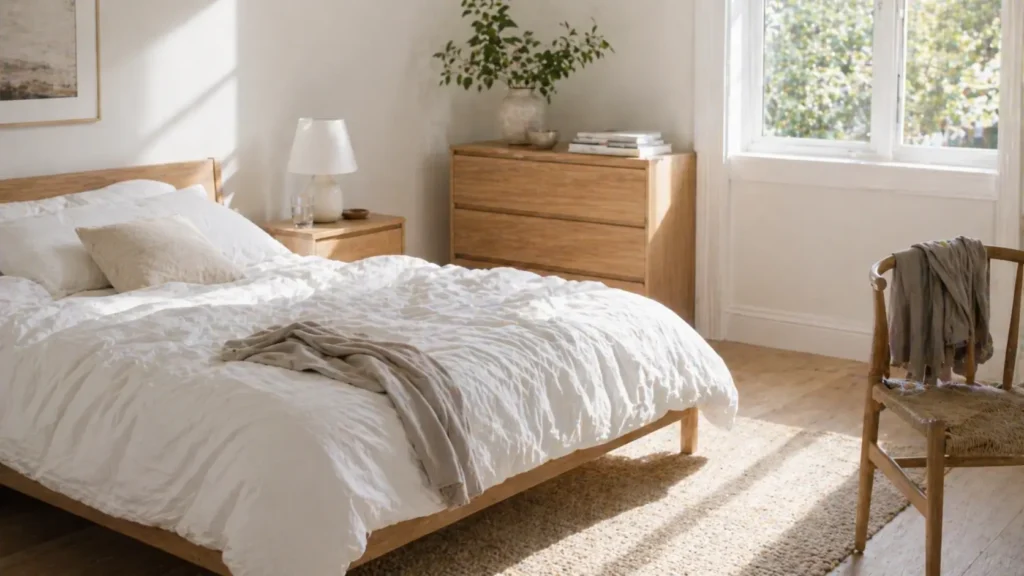 bright bedroom with slightly unmade bed and items out of place showing how a house gets messy overnight