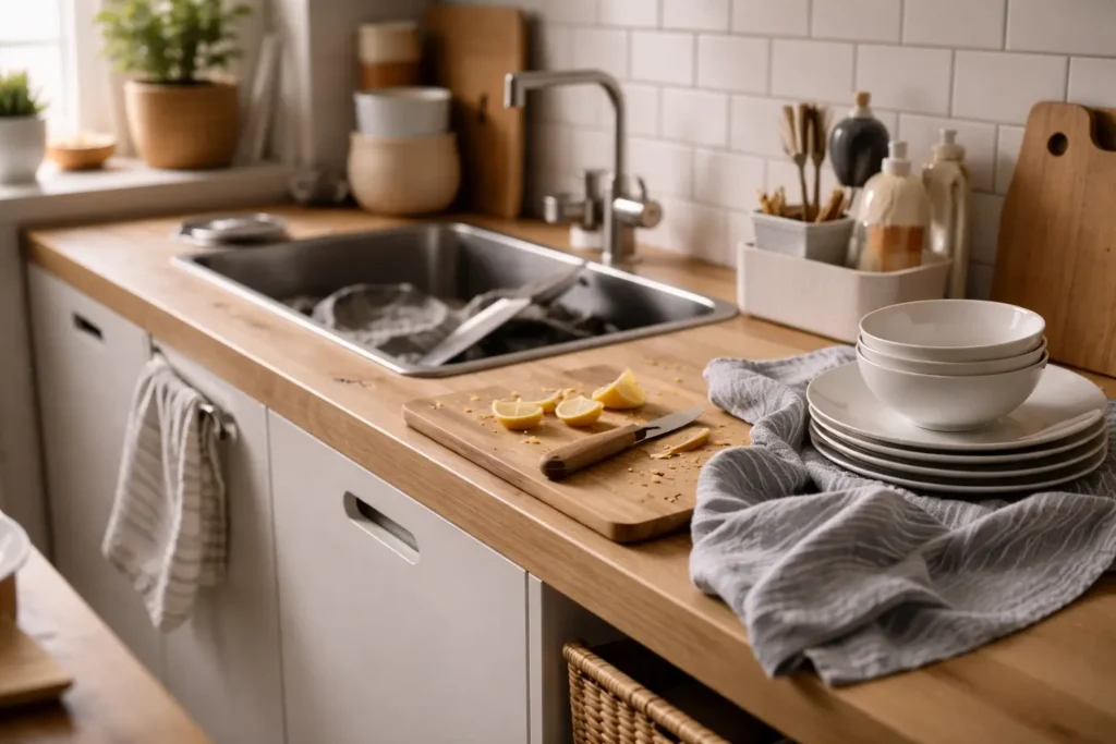 kitchen counter with dishes and crumbs after use showing why it is hard to keep a house clean