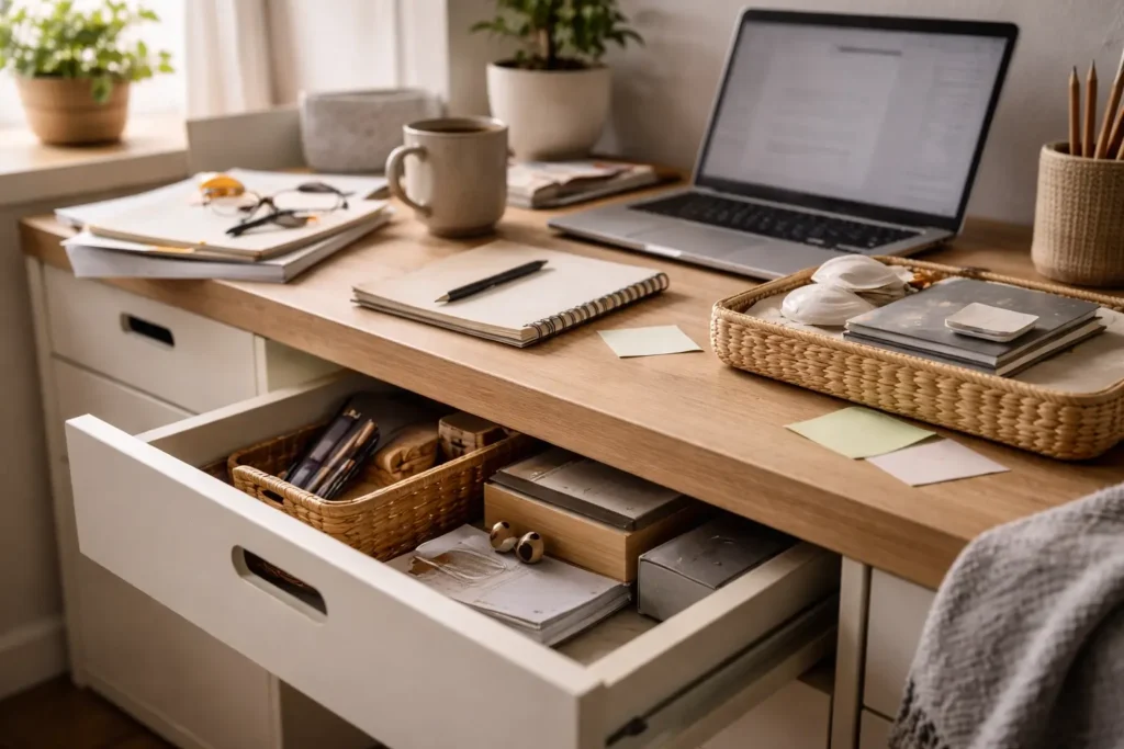 partially organized desk with open drawer and scattered items showing why a home may not feel fully organized