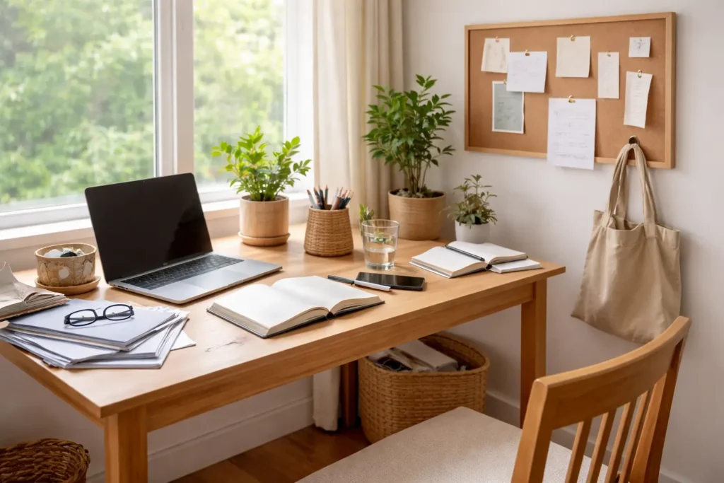 home workspace with organized layout and slight clutter showing structural misalignment in daily use