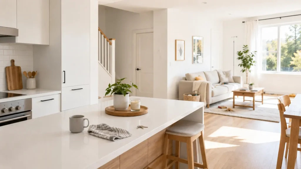 bright minimalist home interior with natural light and organized surfaces showing a clean and functional reset environment