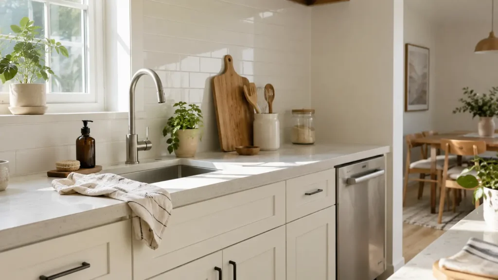 Bright kitchen counter with natural light and minimal items, showing a clean and functional space with subtle daily use