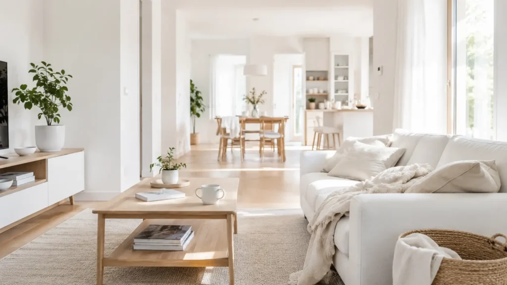 Bright minimalist living room with natural light and subtle daily use, showing a clean space with slight everyday activity