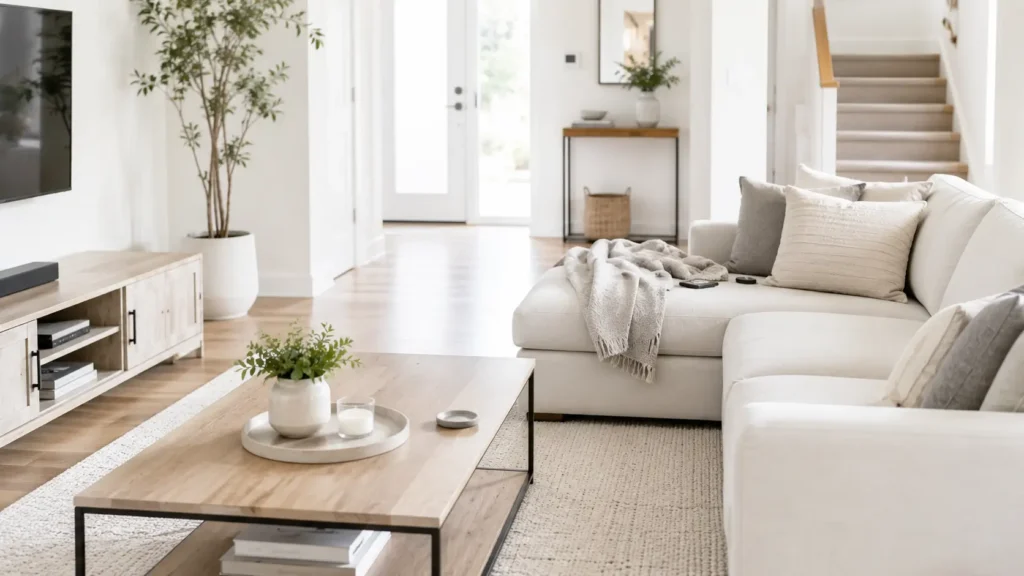 Bright minimalist living room with natural light and subtle daily use, showing a clean space that reflects ongoing everyday activity