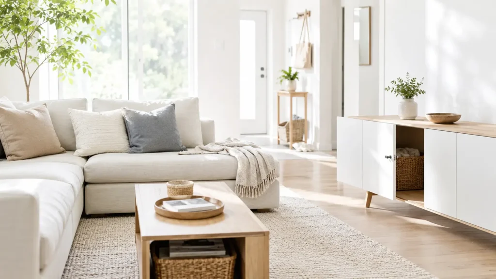 Bright minimalist living room with natural light and subtle daily use, showing a clean and functional home environment