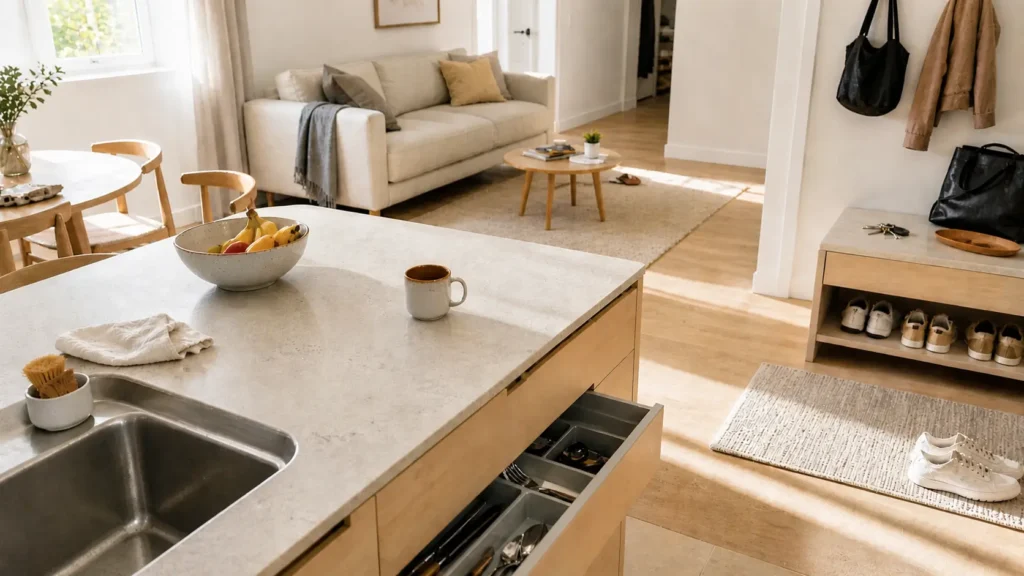 open kitchen drawer and items spread across rooms showing how cleaning one room makes house messy