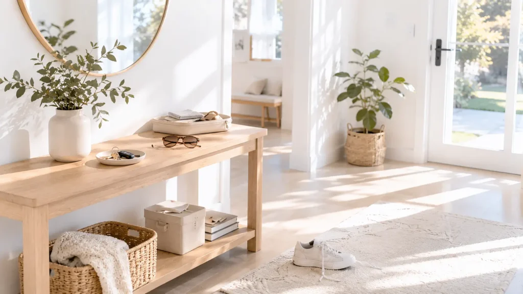 bright minimalist entryway with natural light and slightly misaligned everyday items showing a clean and maintained home environment