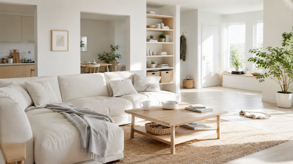 bright minimalist living room showing a home reset system with clean surfaces natural light and simple organization