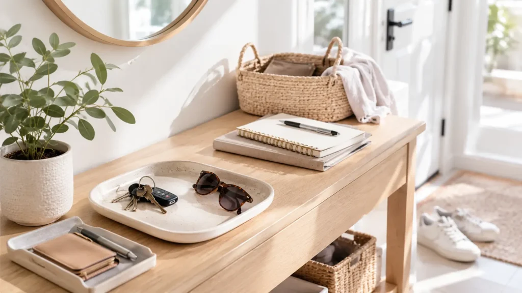 bright and organized home workspace in a bedroom with natural light and minimalist neutral decor