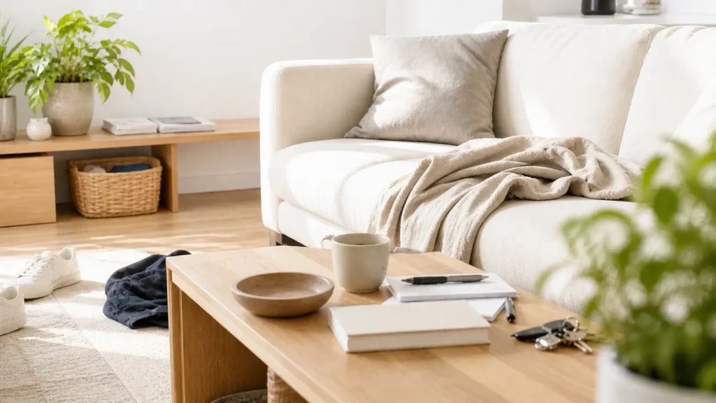 slightly cluttered living room showing why cleaning feels overwhelming even with small mess