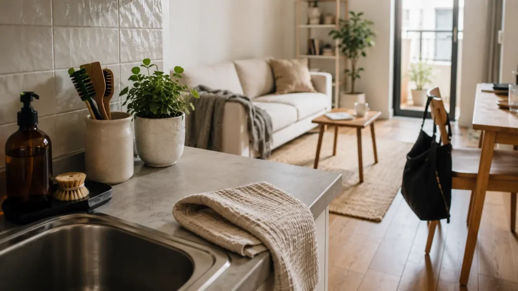 Bright organized home with everyday items showing a simple daily reset routine for busy people in a calm natural light setting