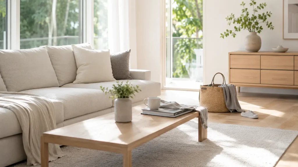 Bright living room with minimal clutter showing an evening home reset routine in a calm, organized space