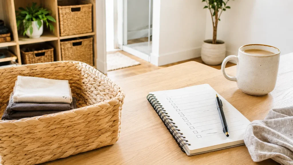 Minimalist home setup with notebook and organized items representing a home reset checklist in a calm, well-lit environment