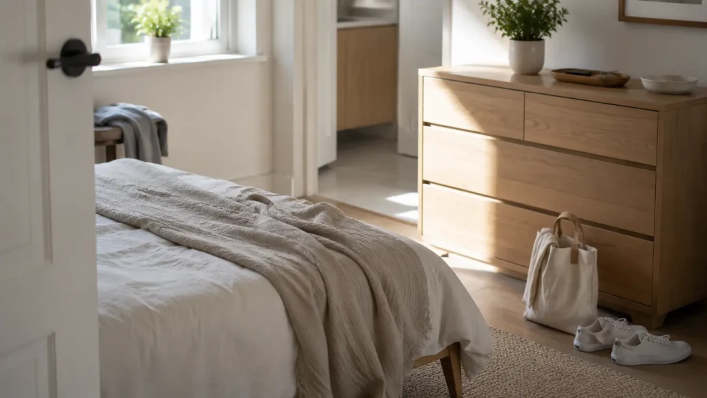 Bright minimalist bedroom with soft natural light showing a calm and organized morning reset routine environment