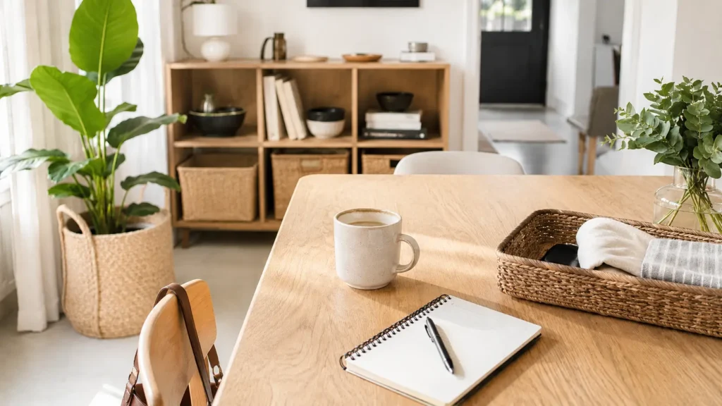 Bright minimalist living space with natural light showing a calm weekly home reset routine and light daily organization